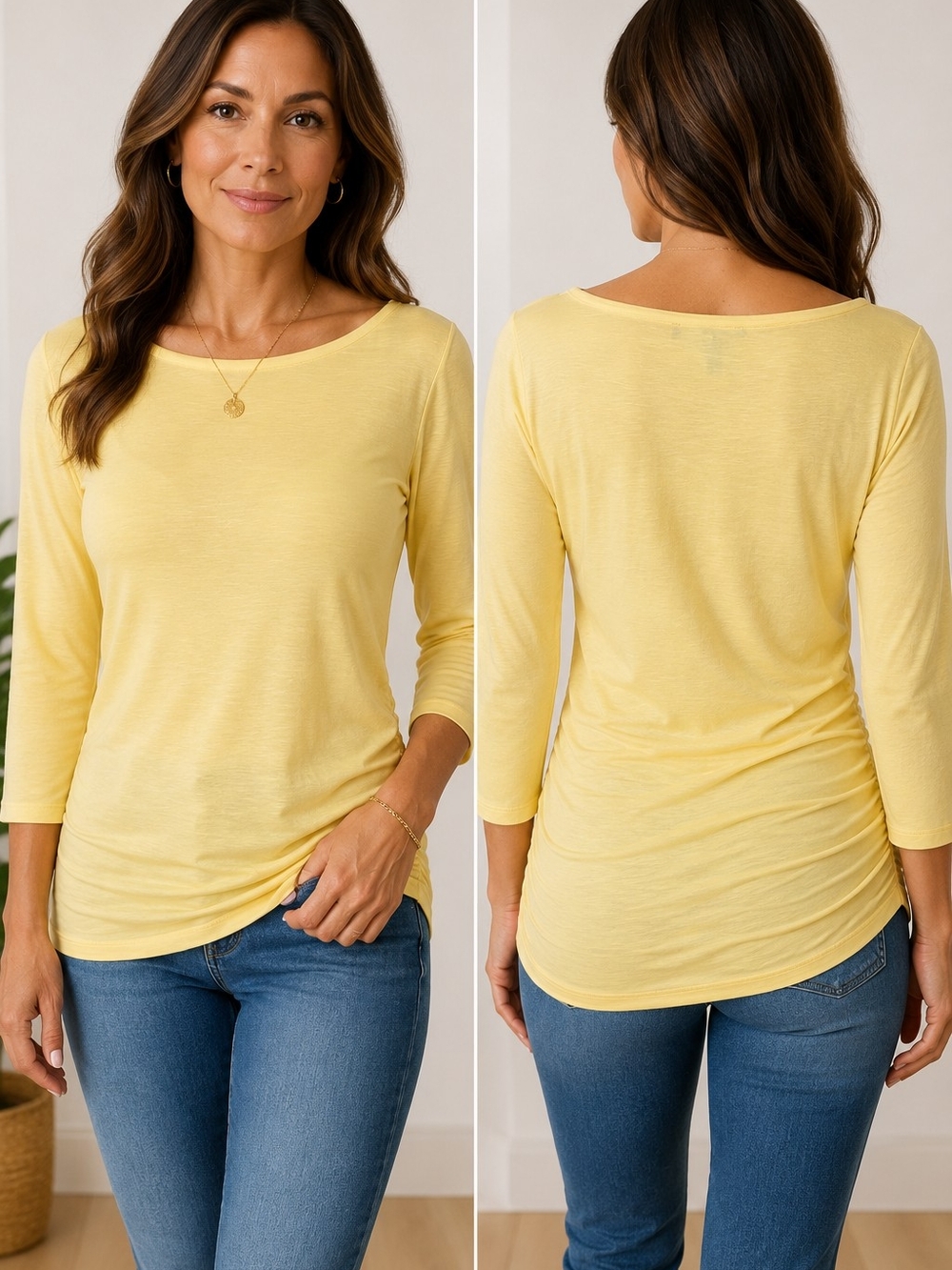 WHBM Yellow Boatneck 3/4 Sleeve Top, Ruched Side Sz S